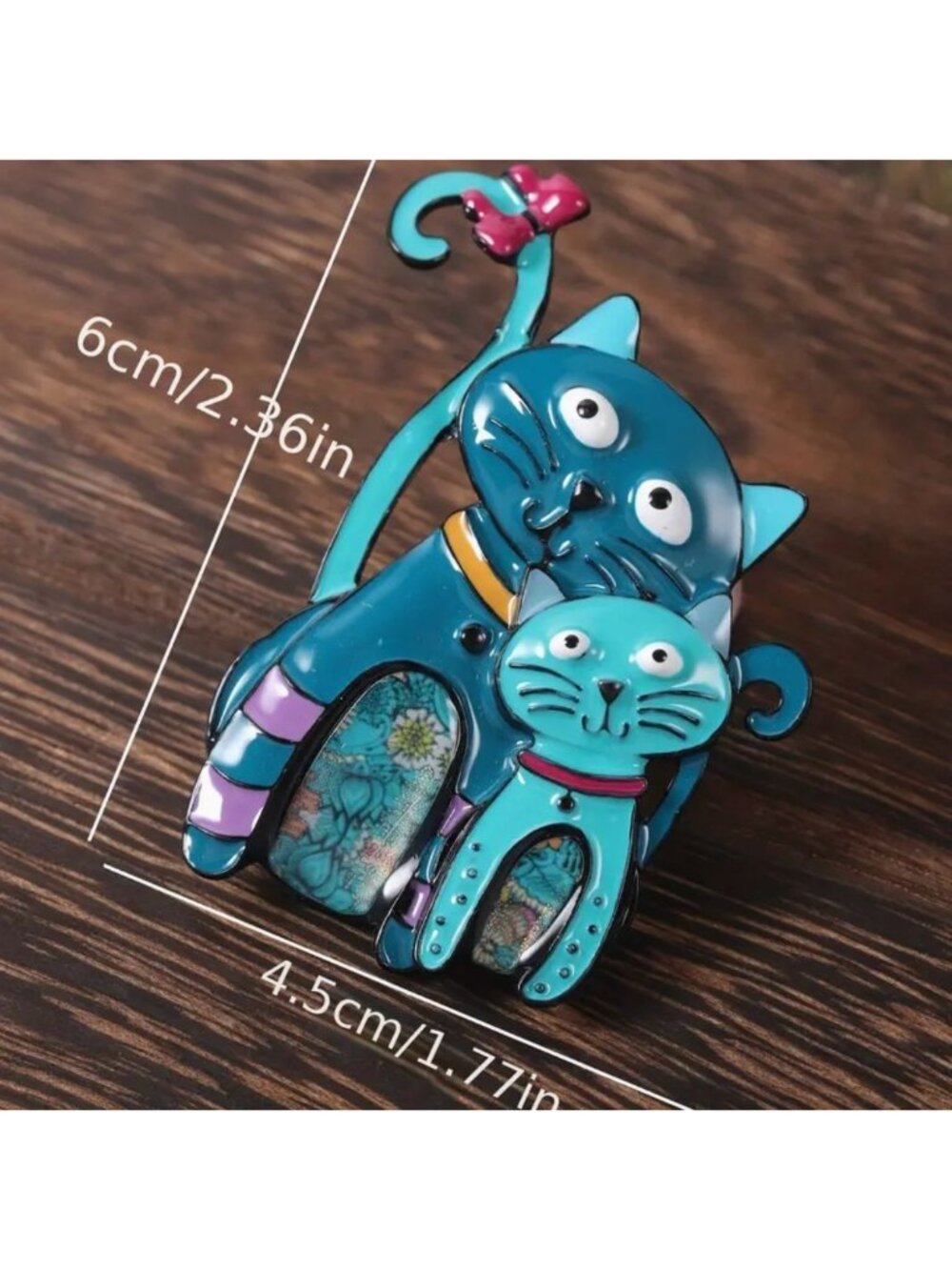 Mother Cat with Kitten Brooch Whimsy Teal Blue Enamel - Picture 2 of 3
